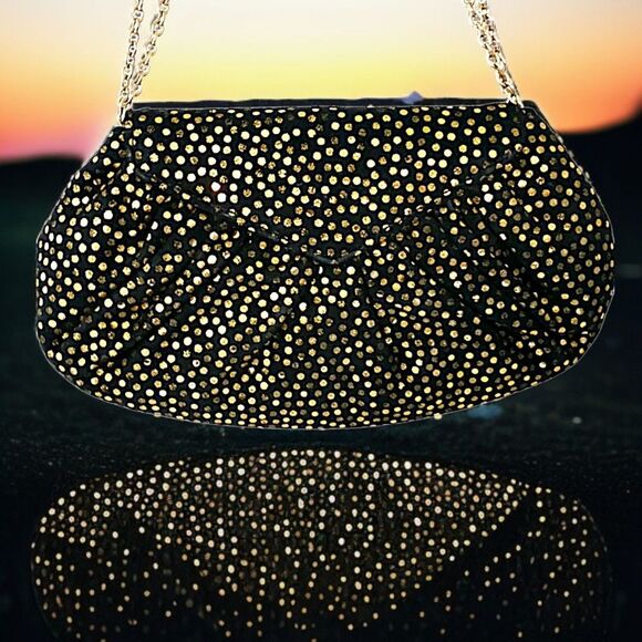 Lauren Merkin Suede Bag Black Gold Metallic Dots Chain Strap Evening Baguette. - Picture 16 of 16